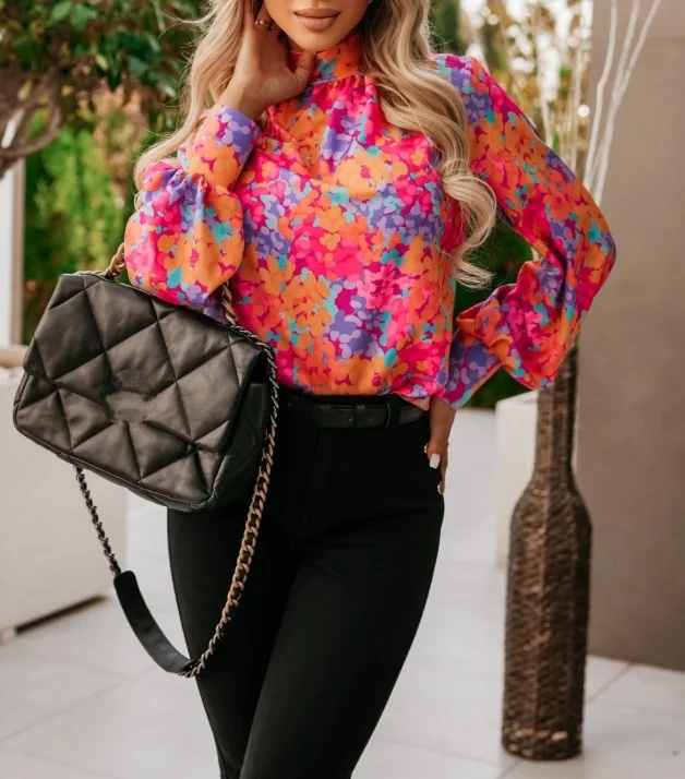 French Elegant Women's Blouse Fashionable Flower Print Commuting Stand Collar Casual Loose Lantern Sleeves Chiffon Shirt Top - Image 3