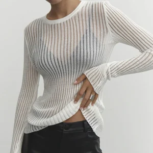 Y2K Clothes Women's Blouse 2024 Spring Fashion Hollow Out Top Solod Color Casual Long Sleeved O-Neck Thin Breathable Knitted Top