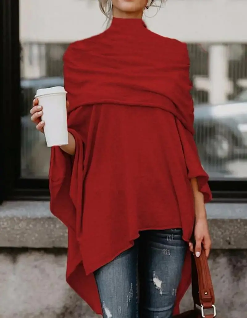 Korean Women's Lazy Loose Top Autumn Clothes for Woman Casual Half High Neck Loose Irregular Hem Top Pleated Elegant Pullover - Image 3