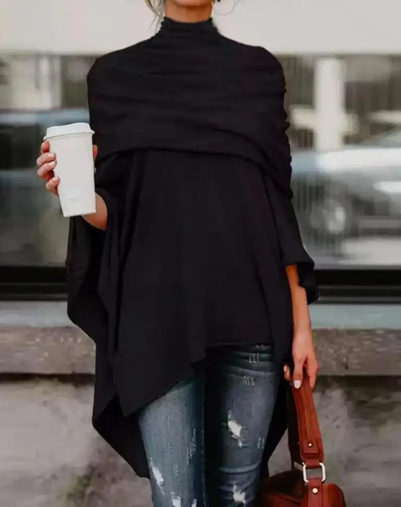 Korean Women's Lazy Loose Top Autumn Clothes for Woman Casual Half High Neck Loose Irregular Hem Top Pleated Elegant Pullover - Image 5